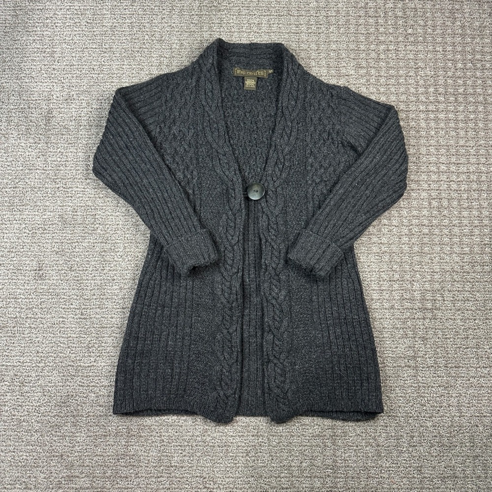 Inis Crafts 100% Merino Wool Cable Knit Cardigan Sweater Gray Made in Ireland S
